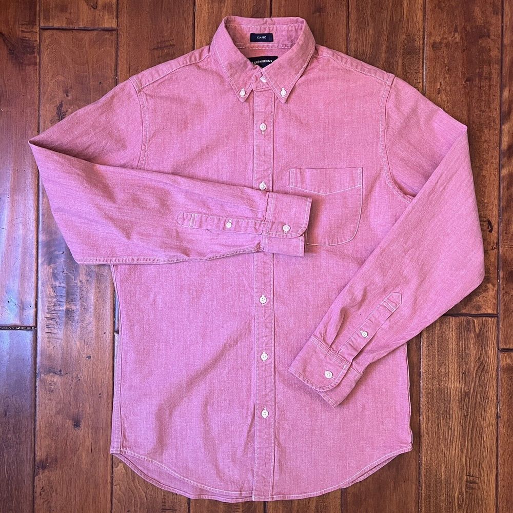 J Crew Mens S Heather Red Long Sleeve Button Up Denim Chambray Shirt EUC